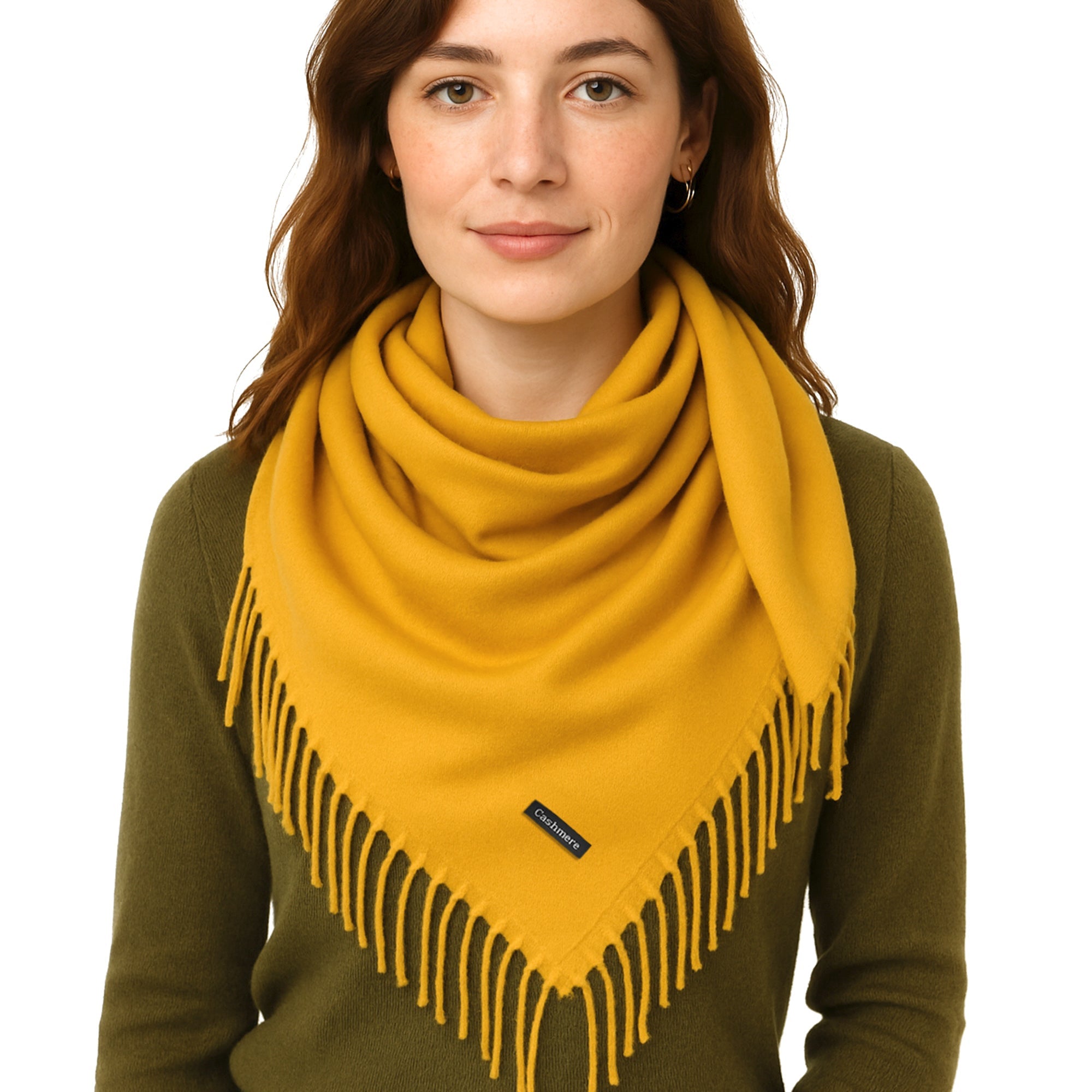 ELEGANT WARMTH musztardowa chusta damska z frędzlami MORAMO