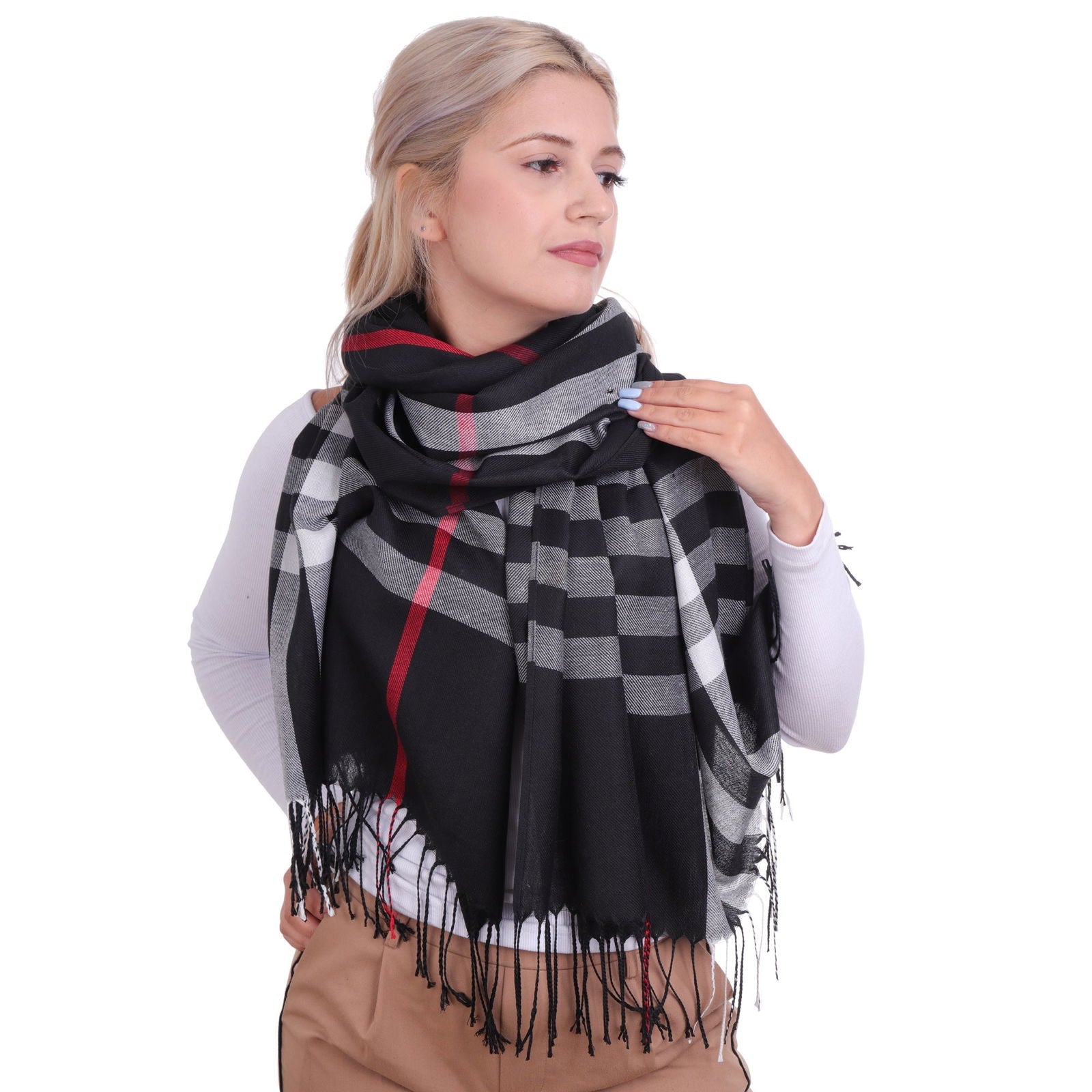 BRITISH PLAID czarny damski szal w kratę MORAMO