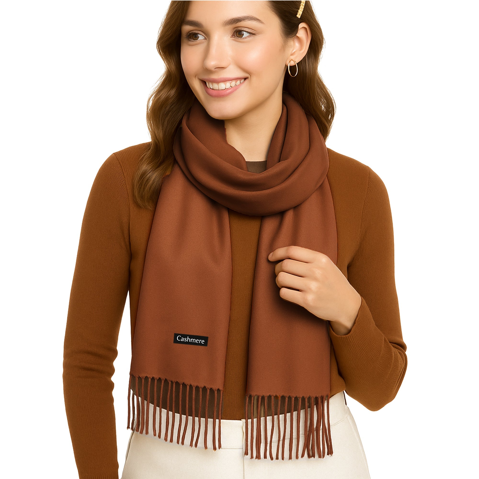 CLASSIC FRINGED brązowy szal damski wiskoza orzech MORAMO