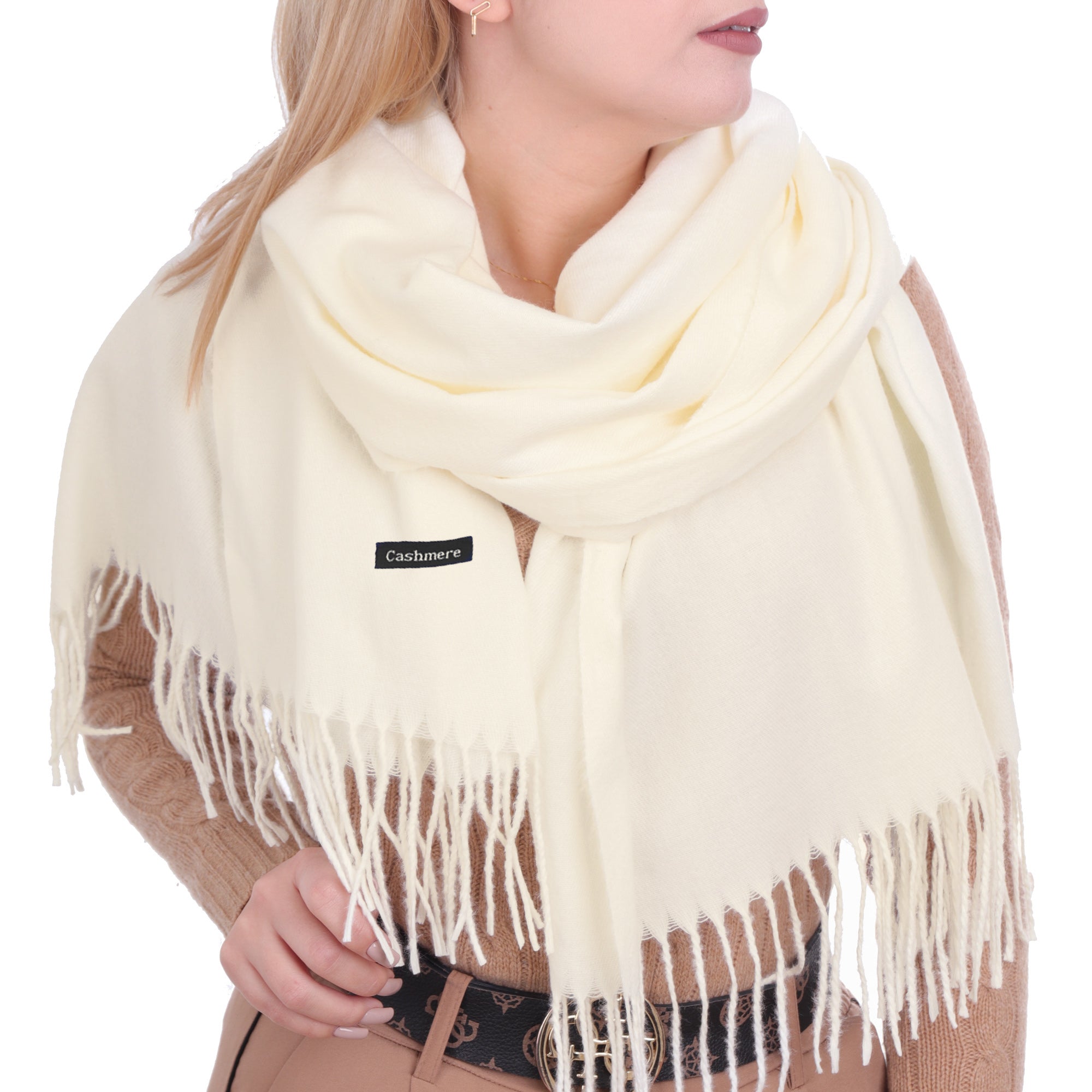 CLASSIC FRINGED kremowy szal damski bawełniany MORAMO