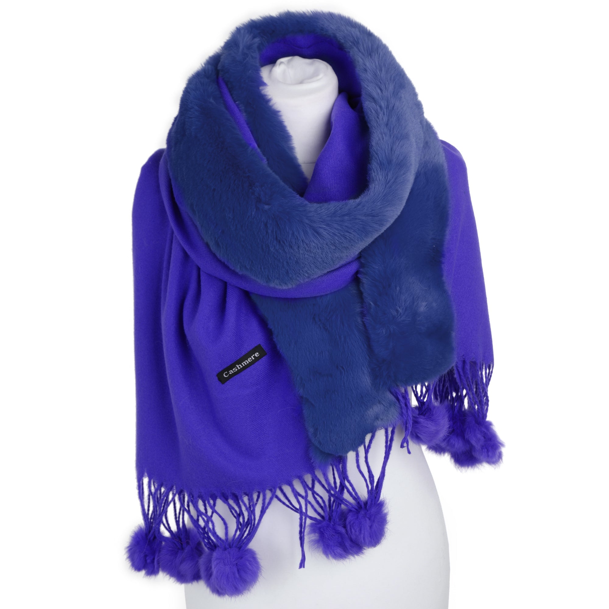 FUR BOLERO damski niebieski szal z pomponem MORAMO