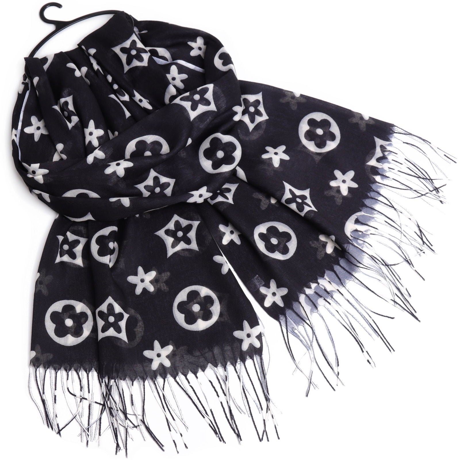 LUXE SOLID szal damski czarny wiskoza frędzle MORAMO