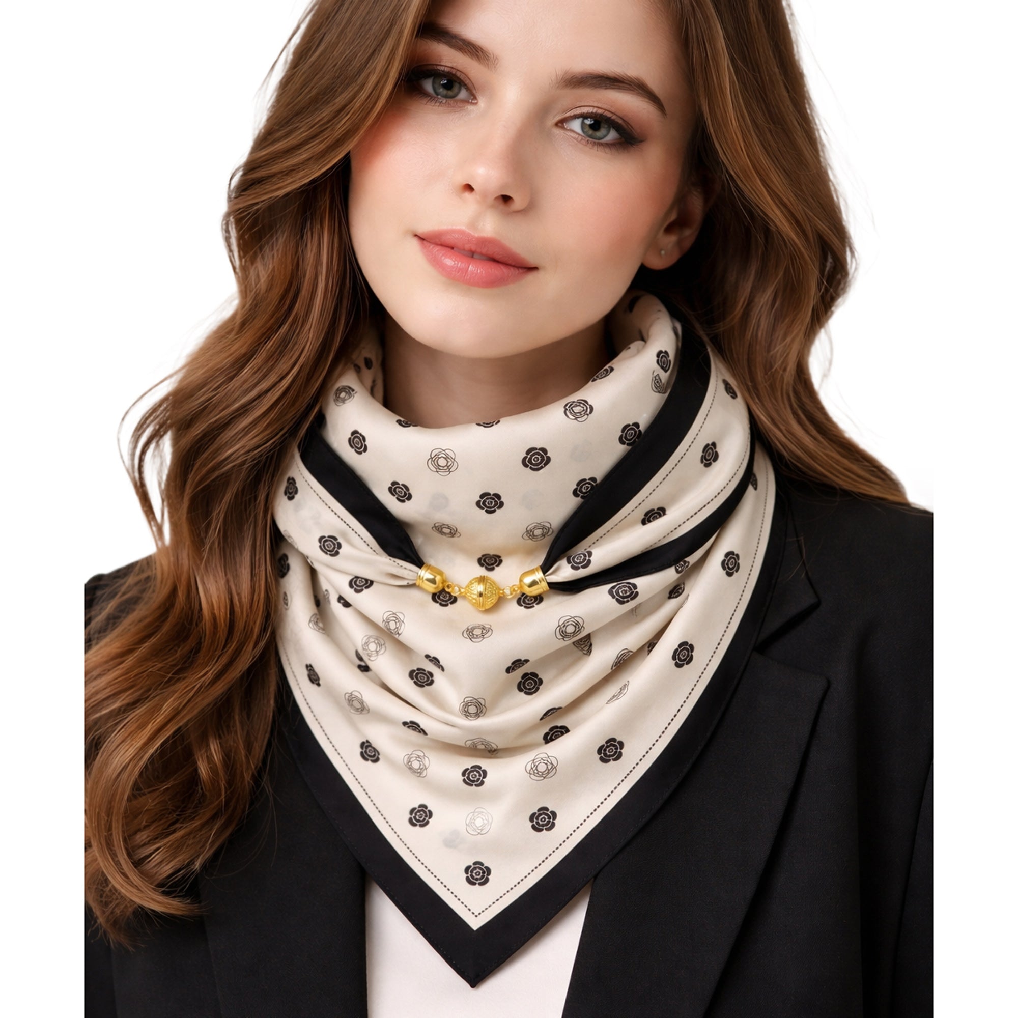 MIA beżowa apaszka damska zapięcie magnetyczne 68x68 MORAMO